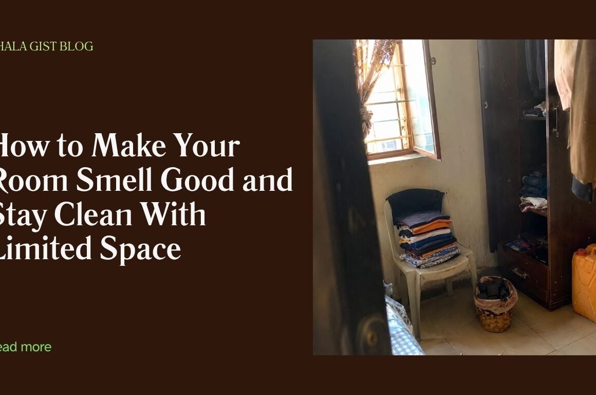 small Nigerian hostel room with charcoal odor absorber and clean laundry setup