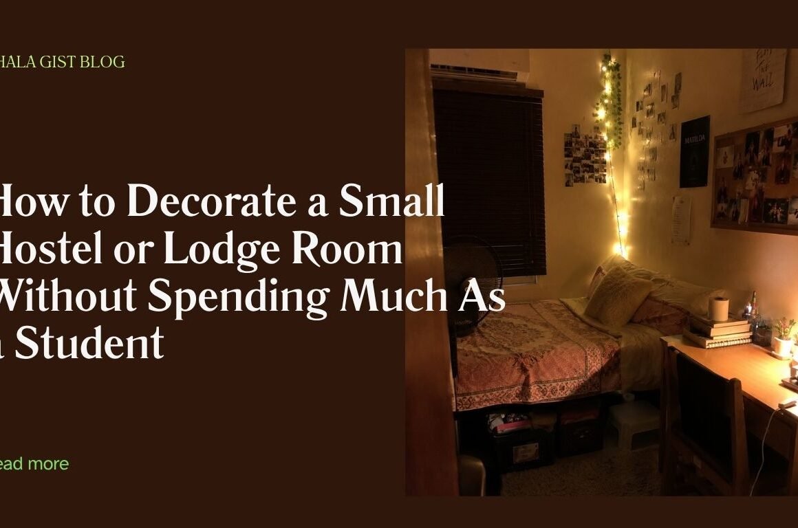 Small Nigerian hostel room decorated on a student budget with fairy lights and wall decor