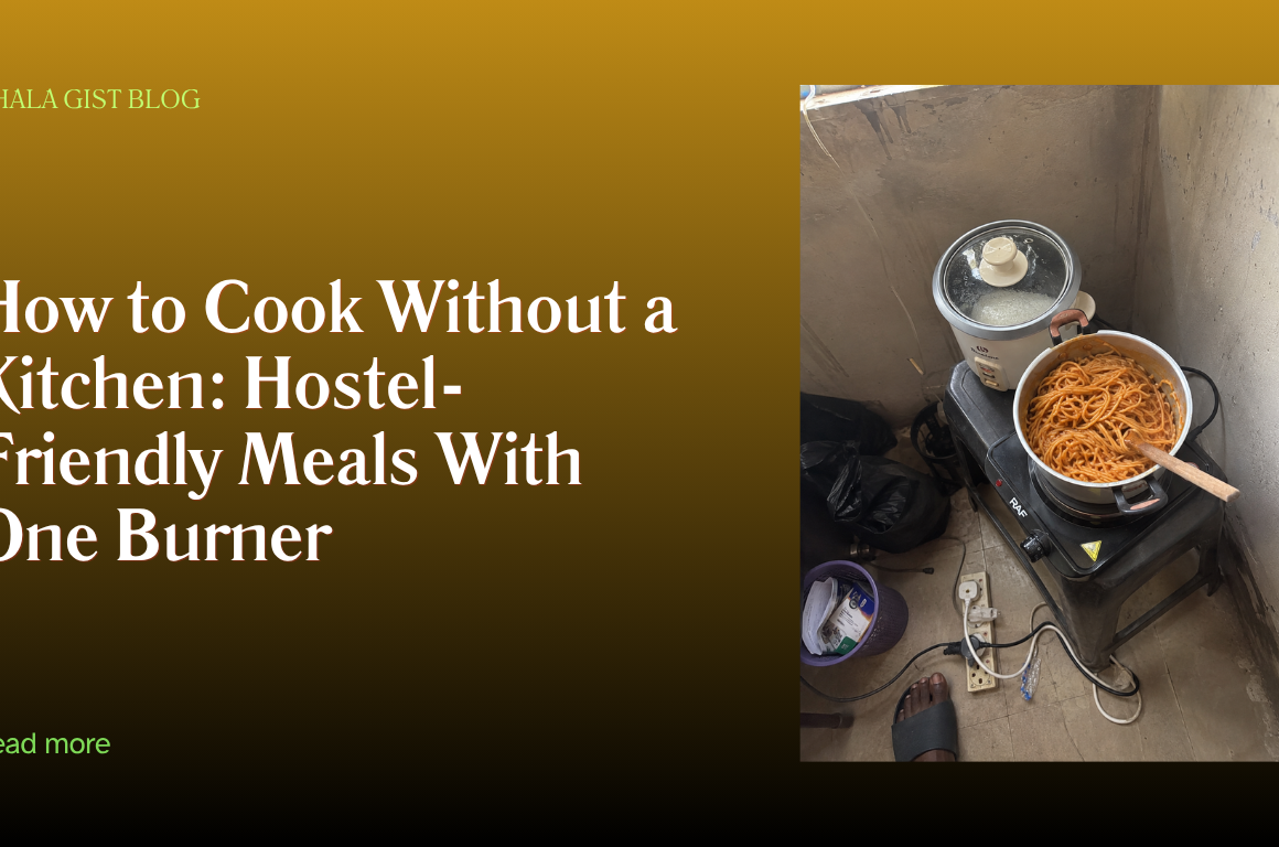 Single burner and rice cooker set up in a Nigerian hostel room corner