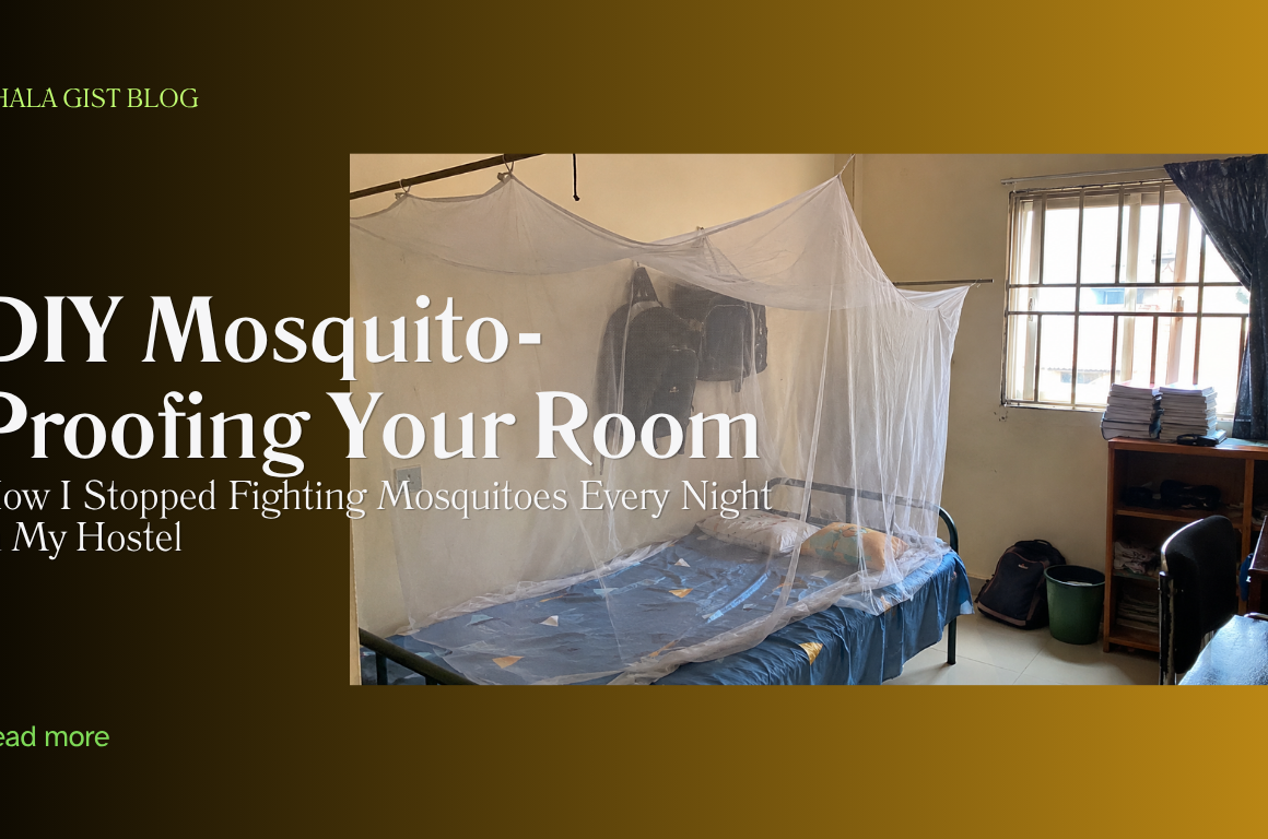 Mosquito net set up over a bed in a Nigerian hostel room