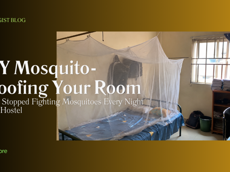 Mosquito net set up over a bed in a Nigerian hostel room
