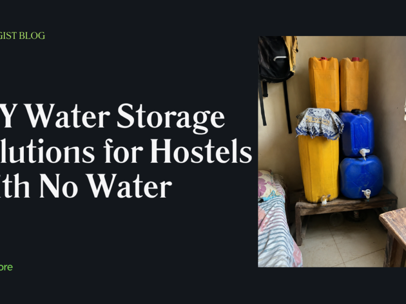 DIY water storage setup with jerrycans in a Nigerian hostel room