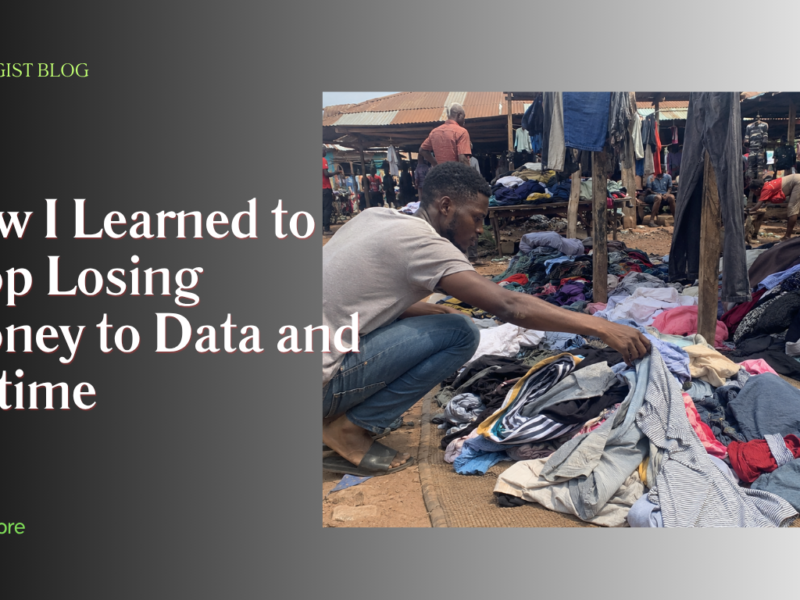 Nigerian student searching through okrika bend-down-select pile at a local market