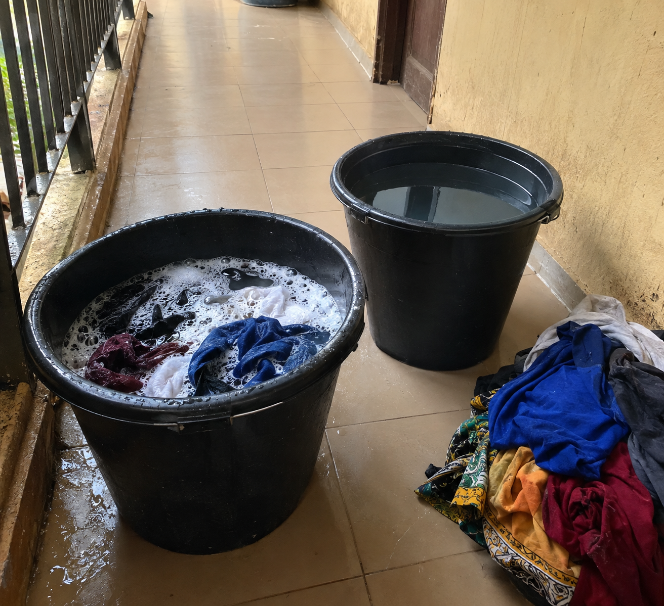 Two buckets and a pile of clothes set up for hand washing in a student hostel corridor