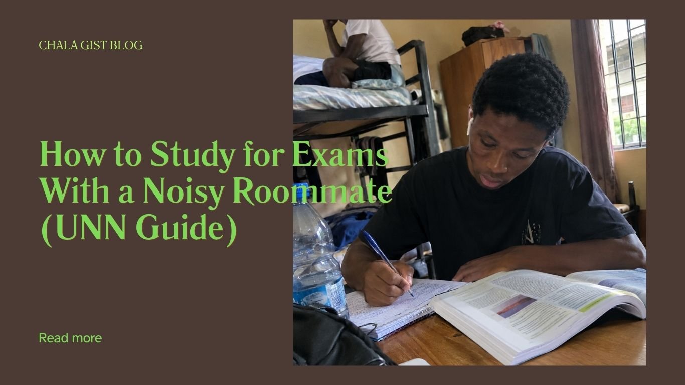 Nigerian university student studying at a hostel desk with earbuds in while roommate talks in the background
