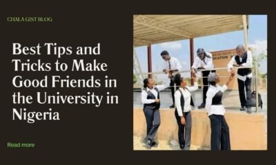 Nigerian university students chatting on the steps outside a lecture hall