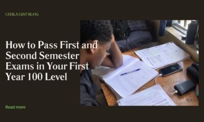 Nigerian university student studying with handouts and a notebook