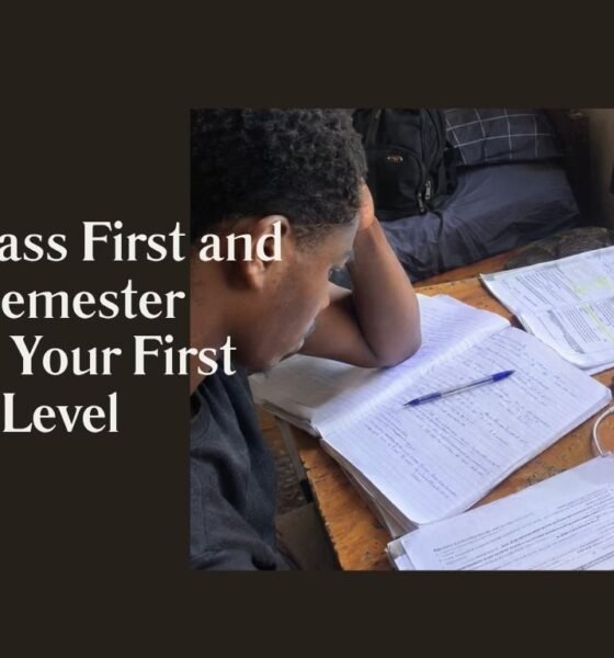 Nigerian university student studying with handouts and a notebook